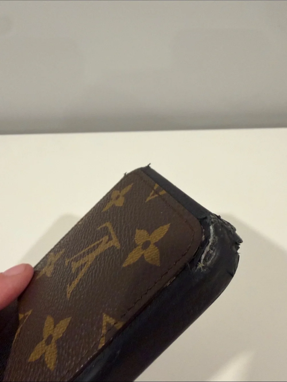 Louis Vuitton Black Leather Phone Case with Brown Monogram Card Pocket